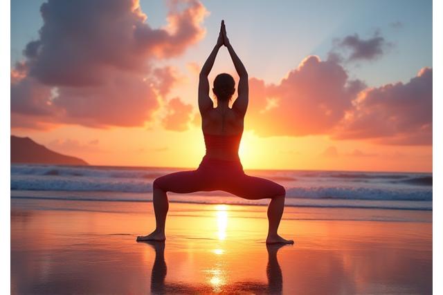 해변가에서 일출을 배경으로 요가하는 모습